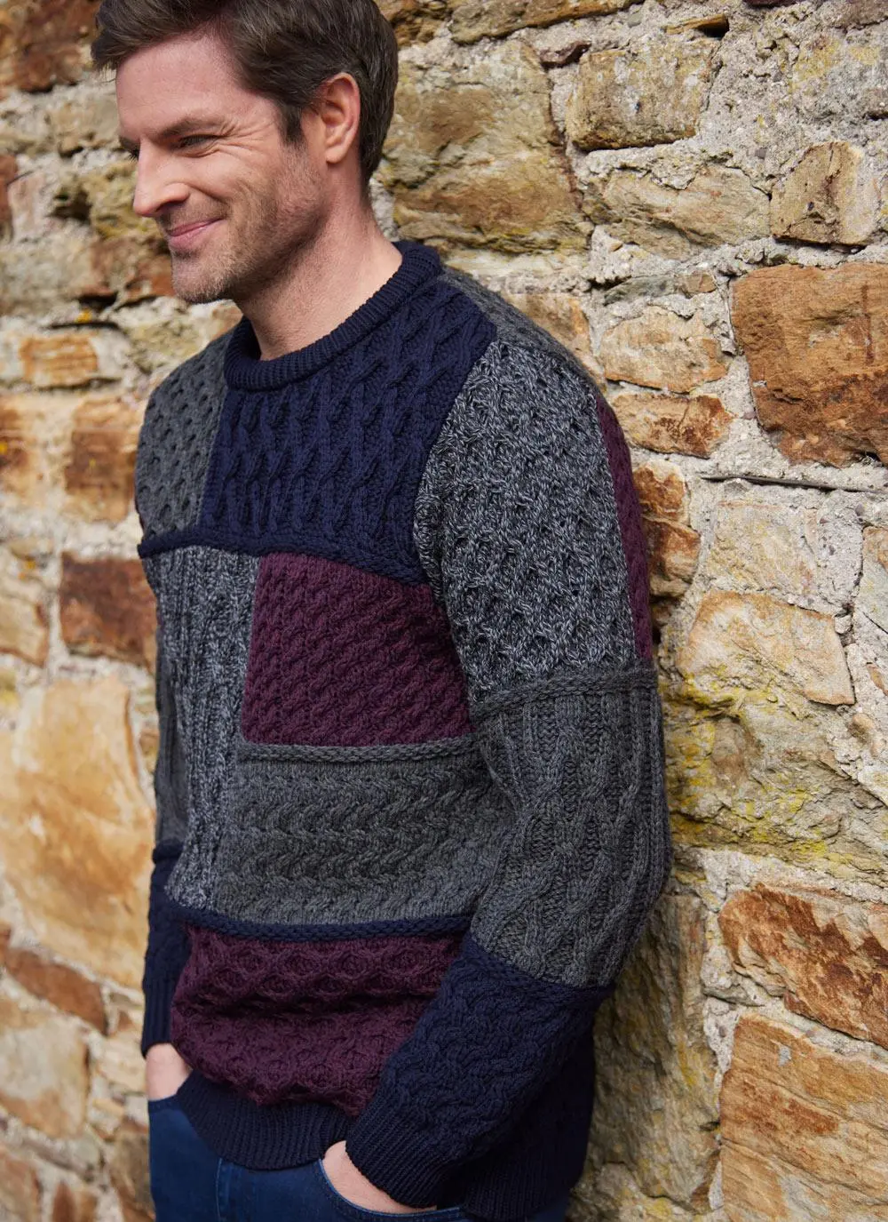 Patchwork Crew Neck Aran Sweater in Damson | Made in Ireland | Blarney
