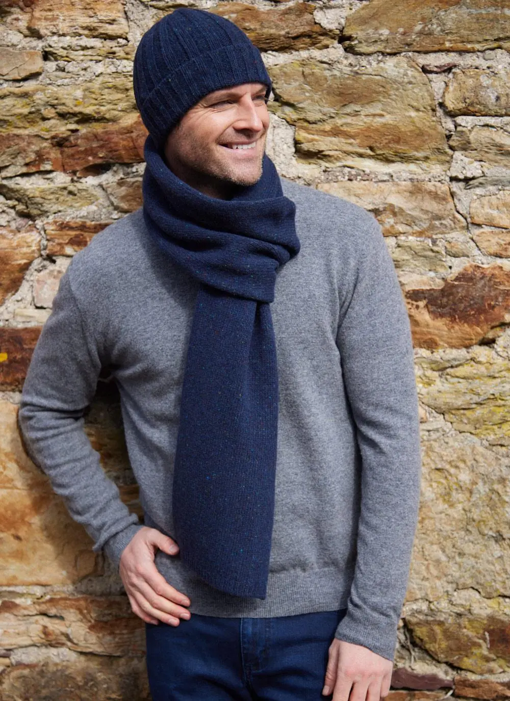 Wool Cashmere Tweed Hat & Scarf Set in Navy | Blarney