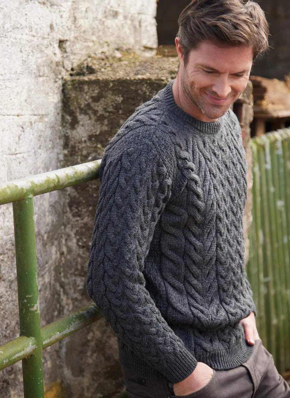 John Supersoft Aran Crew Neck Sweater in Slate Grey | Blarney