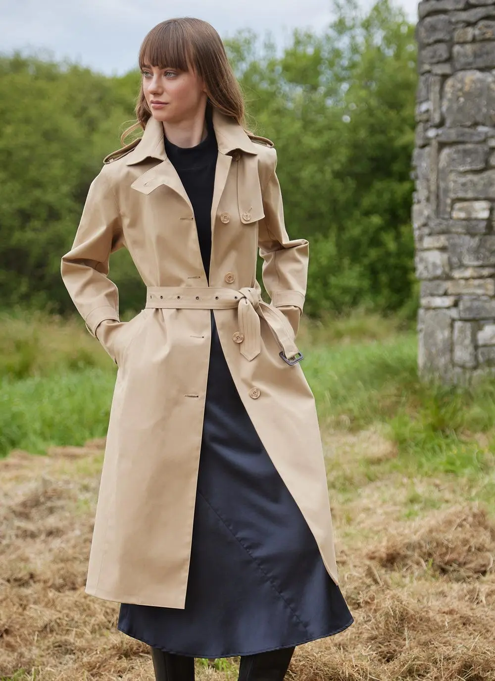 Reversible water-repellent fabric trench coat, honey