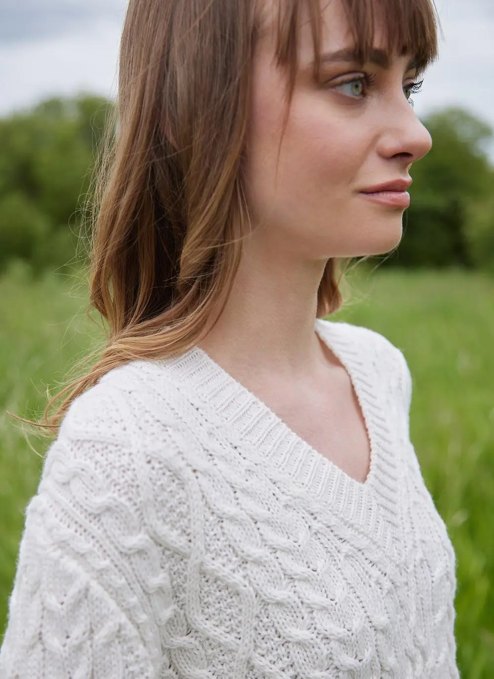 Cliona Cable V-Neck Sweater in Natural | Blarney