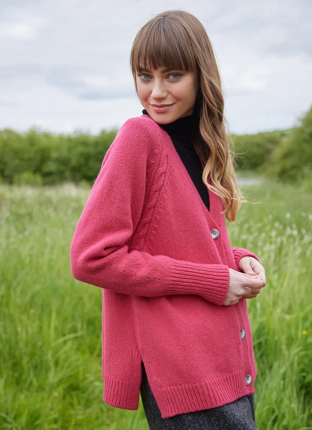 Fisherman Raglan Cable V-Neck Cardigan
