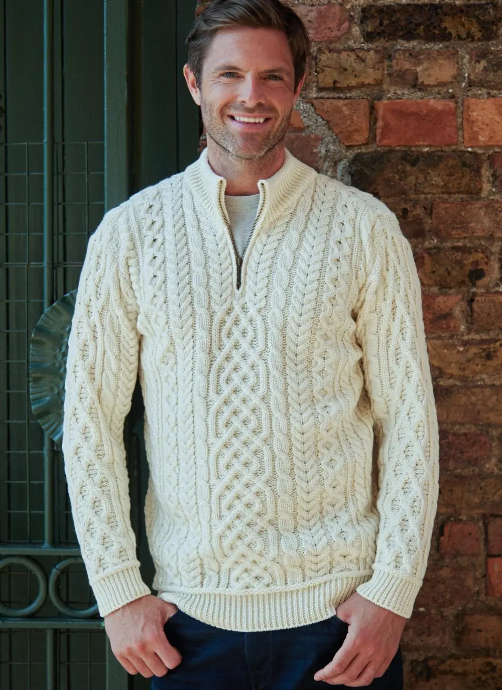 Inisheer Supersoft Merino Wool Half Zip Aran Sweater | Blarney