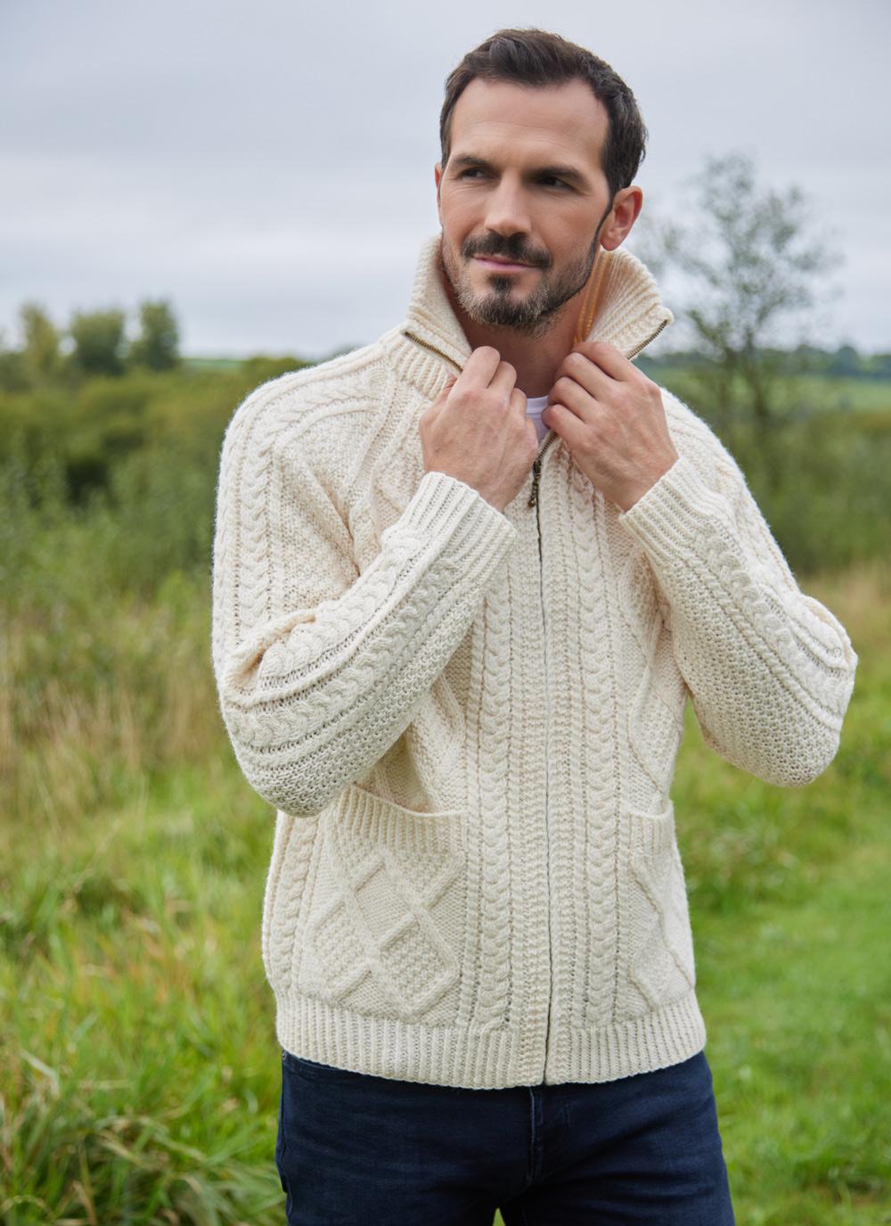 Men's Full Zip Aran Sweater in Natural 