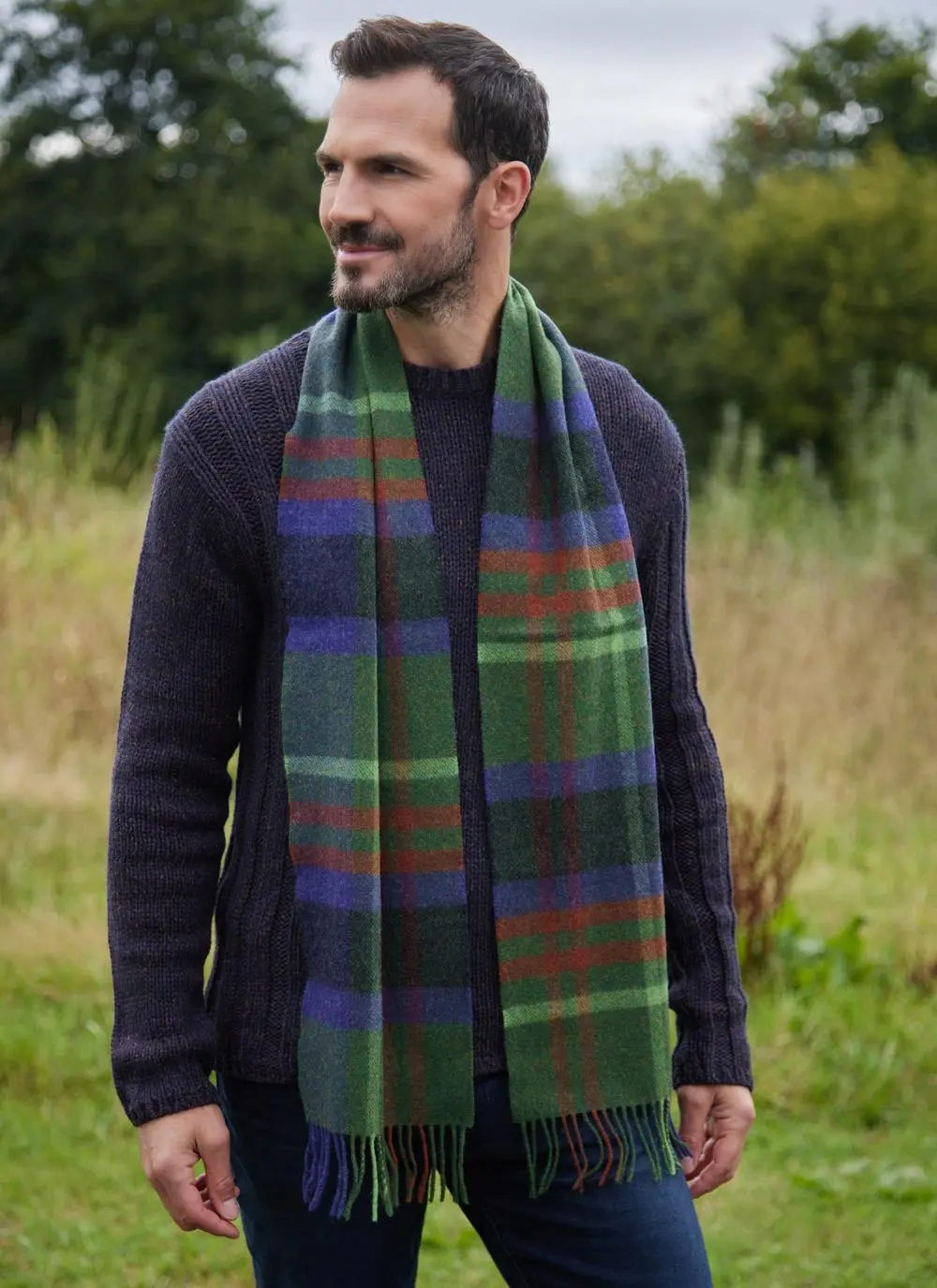 Long Lambswool Scarf Green Check
