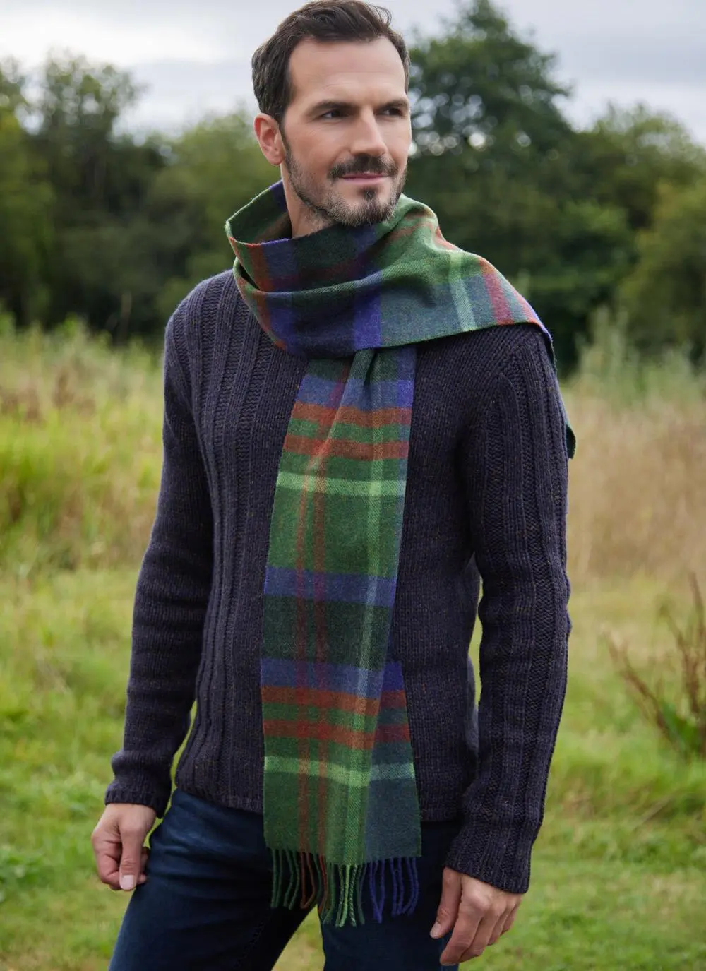 Long Lambswool Scarf Green Check