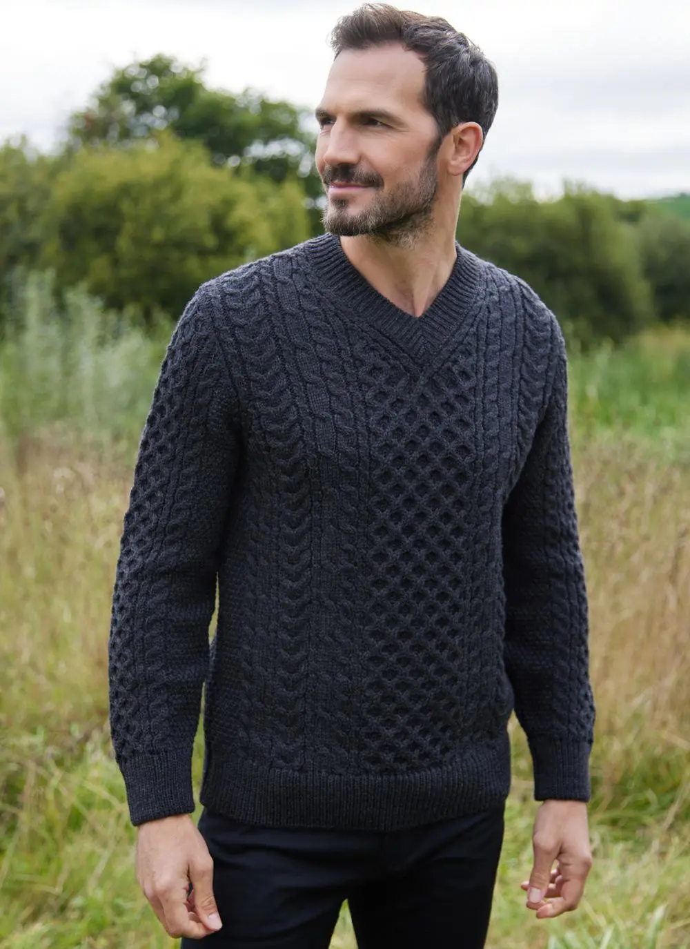 Ciaran V-Neck Aran Sweater in Charcoal | Blarney