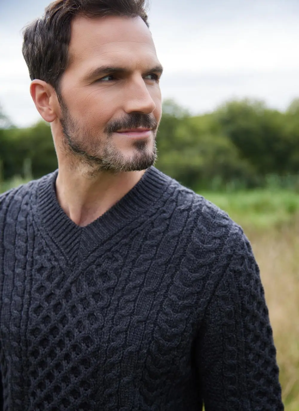 Ciaran V-Neck Aran Sweater in Charcoal | Blarney