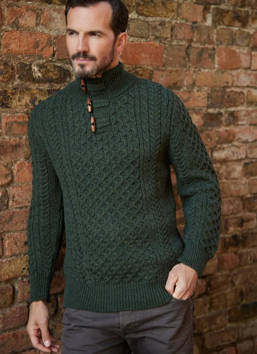 Cormac Toggle Neck Aran Sweater in Army | Blarney