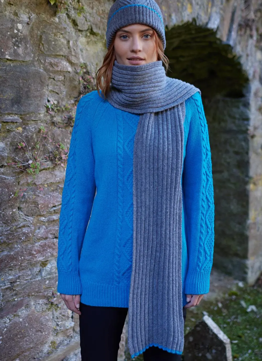 Fisherman Wool Cashmere Contrast Ribbed Beanie & Scarf Set