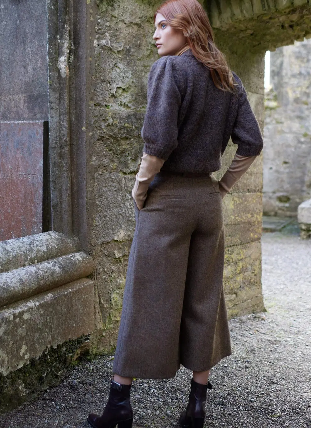 Herringbone Tweed Pleated Culottes in Heather/Brown