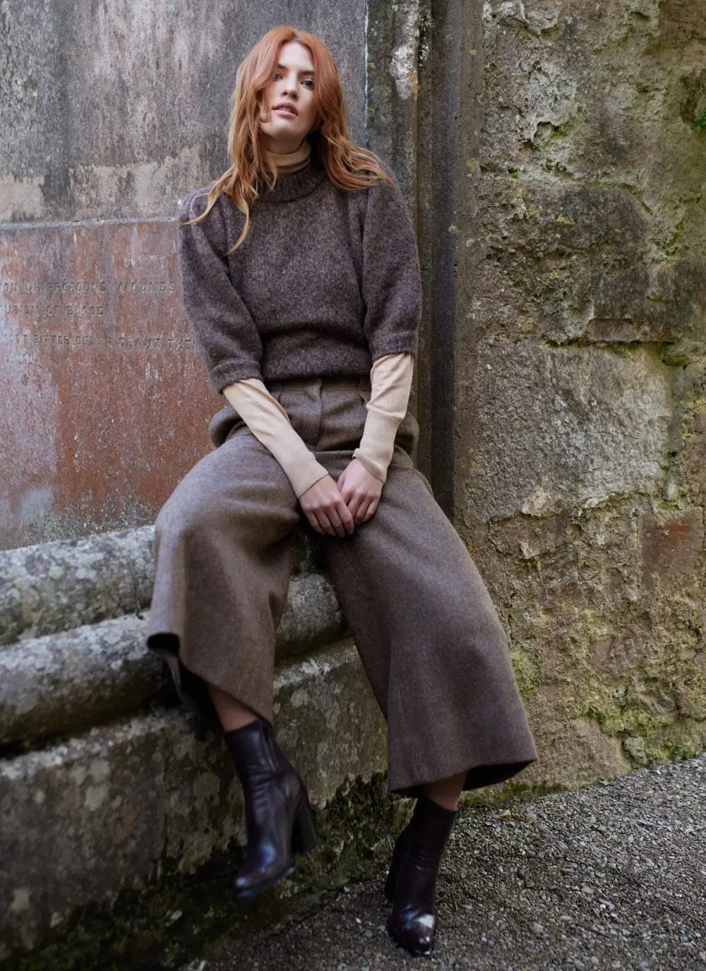 Herringbone Tweed Pleated Culottes in Heather/Brown