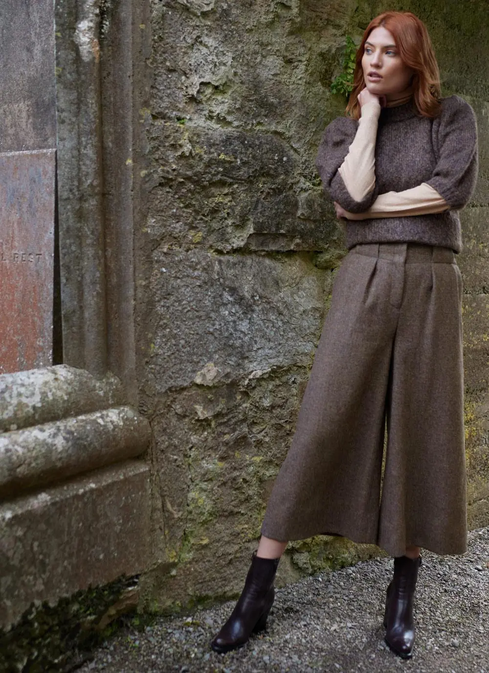 Herringbone Tweed Pleated Culottes in Heather/Brown