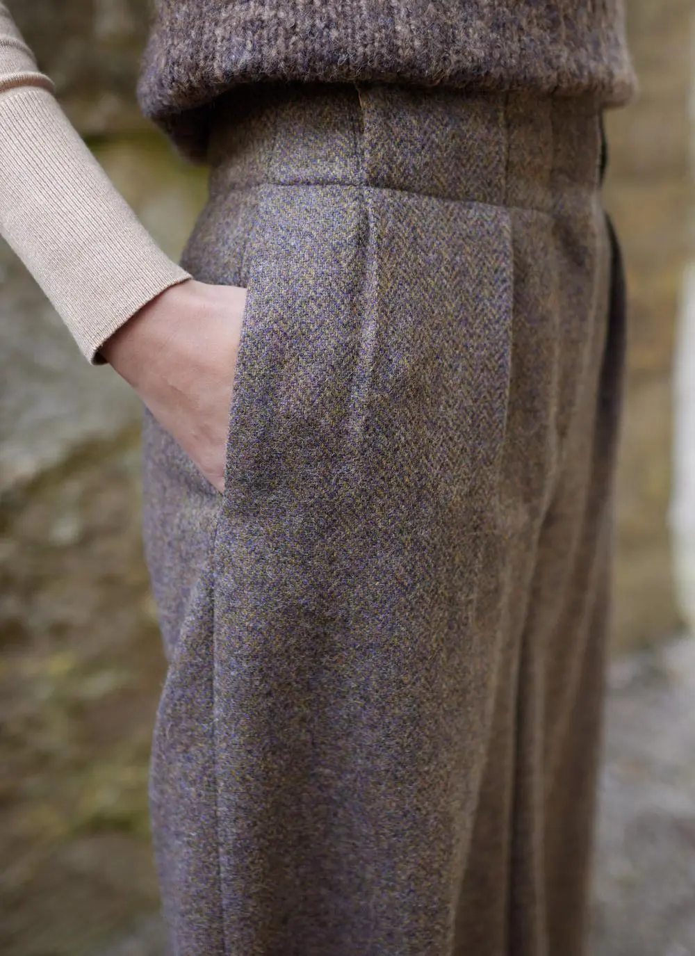 Herringbone Tweed Pleated Culottes in Heather/Brown