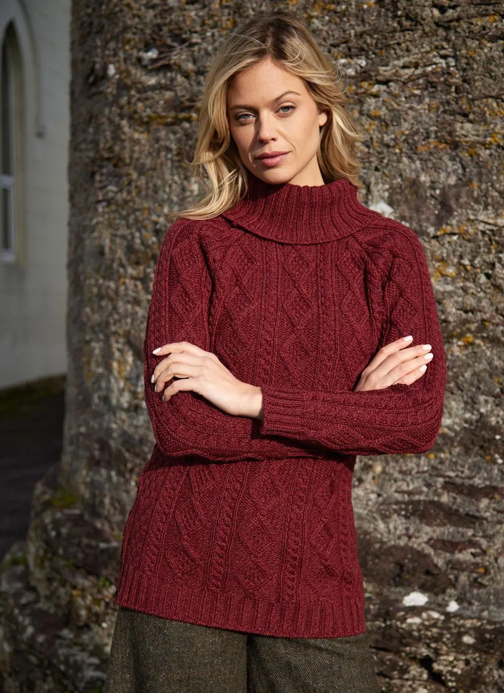 Cowl Neck Side Zip Aran Sweater in Ember | Blarney