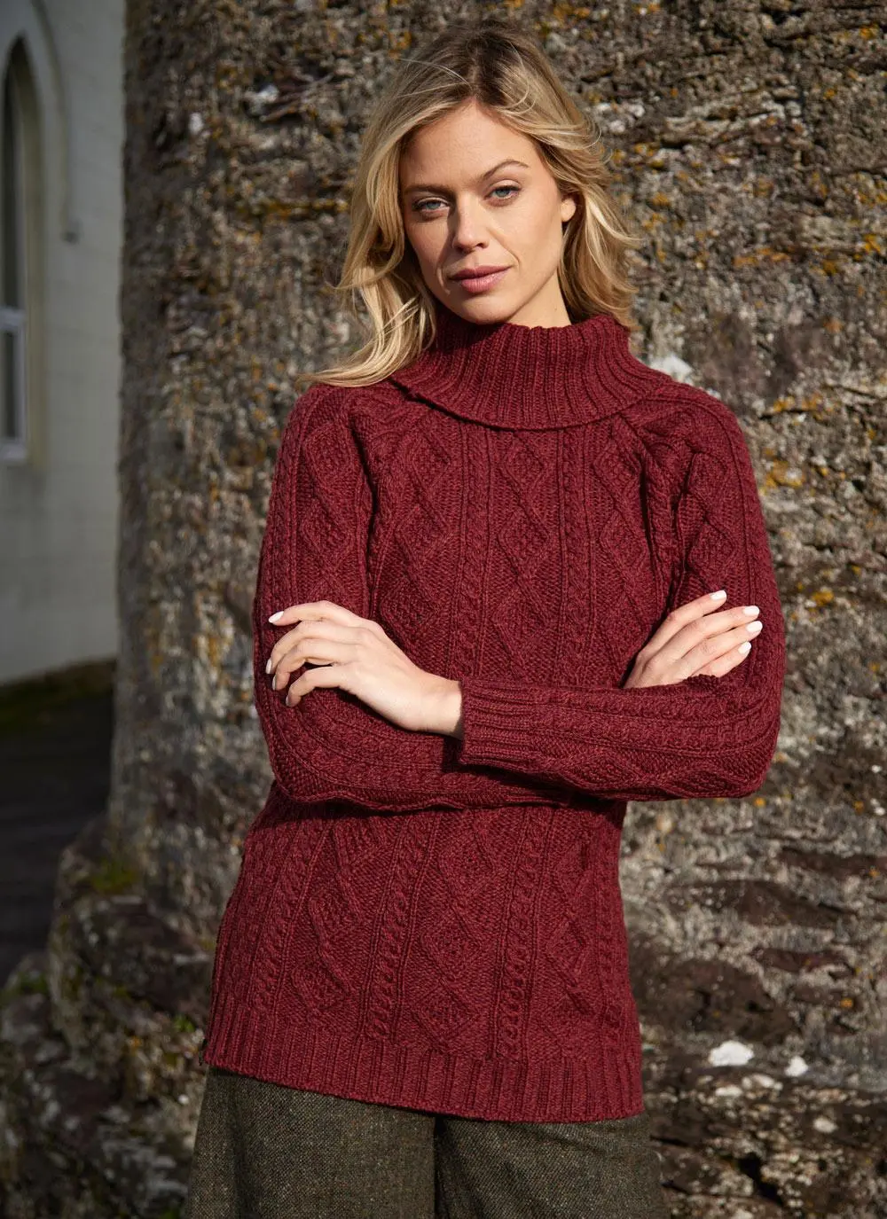 Cowl Neck Side Zip Aran Sweater