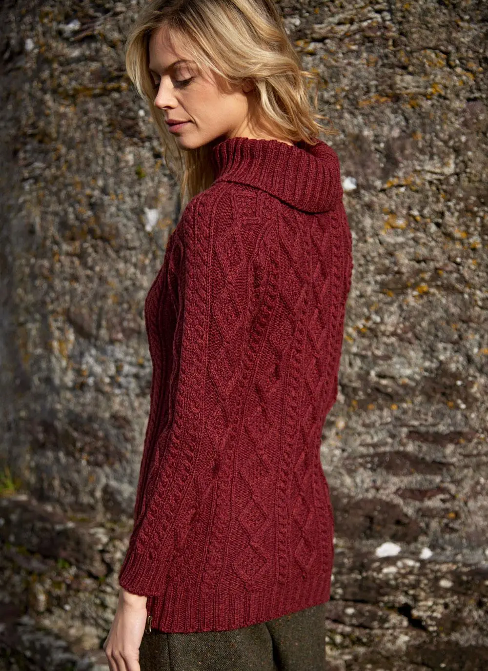 Cowl Neck Side Zip Aran Sweater