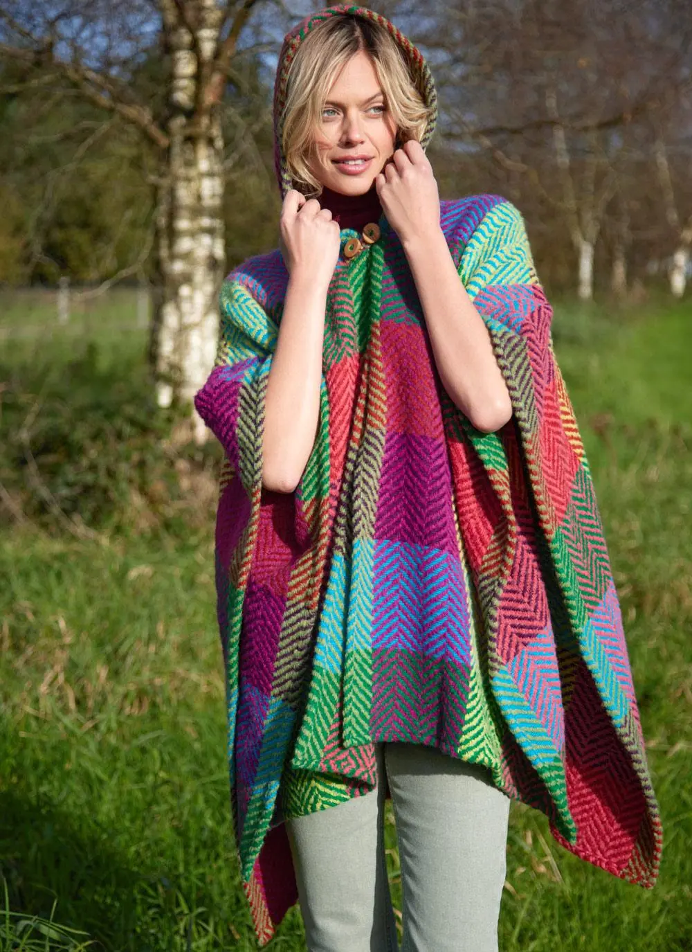Sarah Hooded Herringbone Check Cape