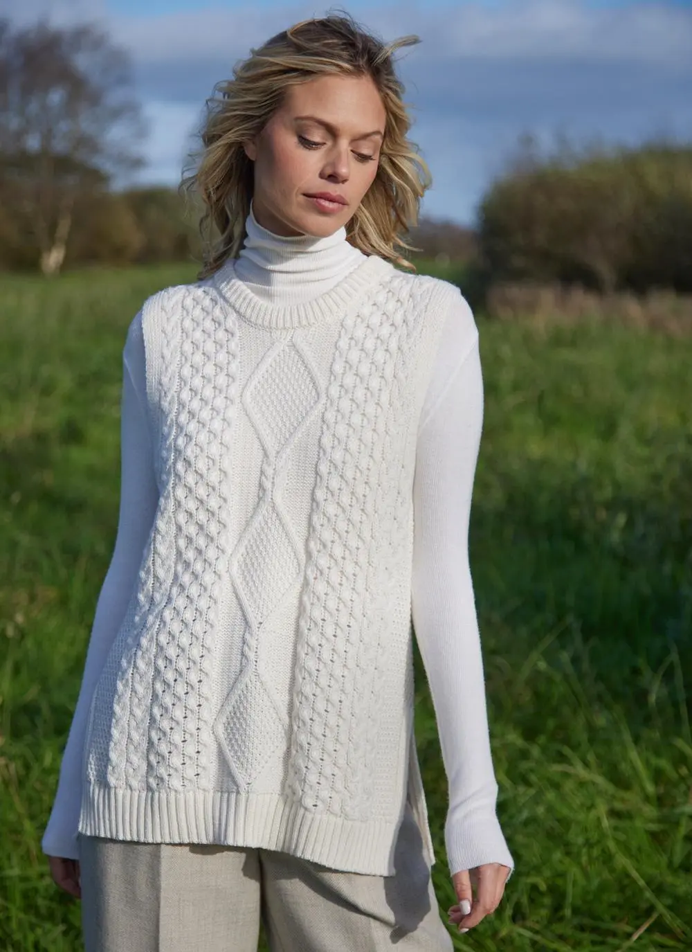 Nuala Sleeveless Aran Sweater in Natural | Blarney