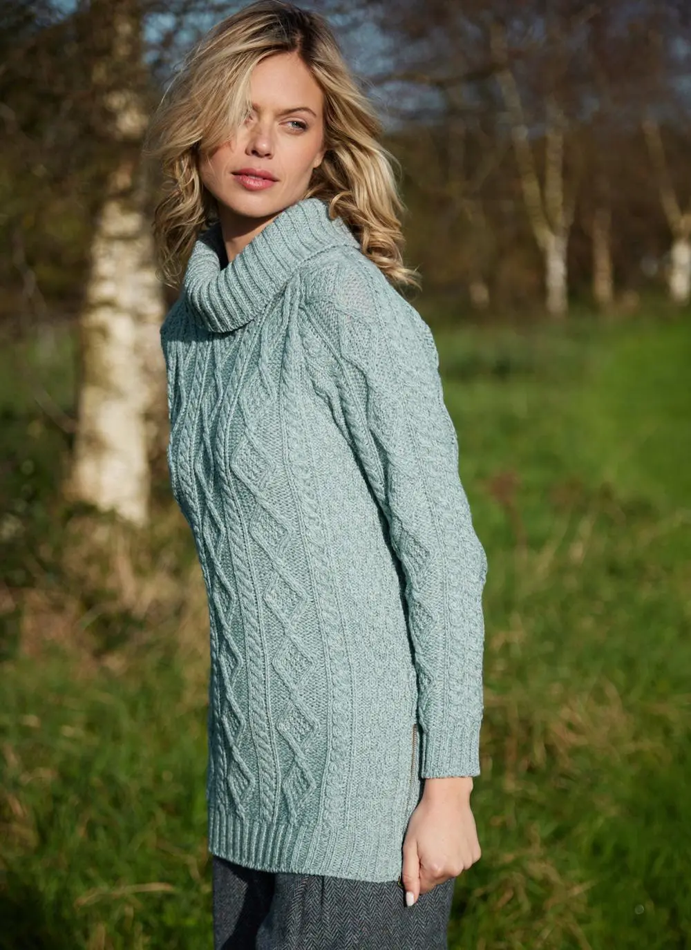 Cowl Neck Side Zip Aran Sweater