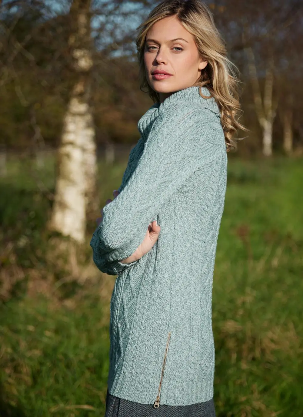 Cowl Neck Side Zip Aran Sweater