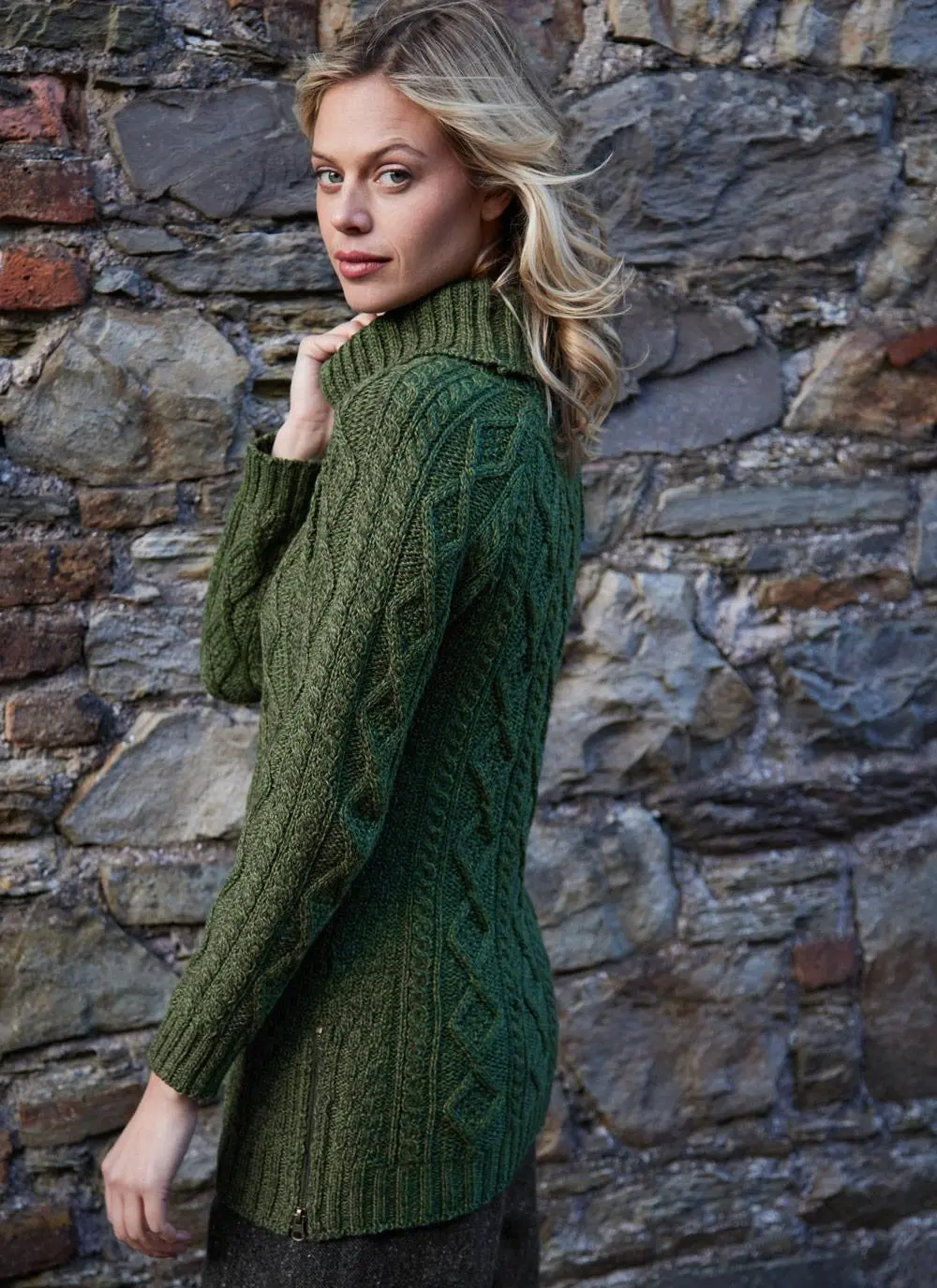 Cowl Neck Side Zip Aran Sweater
