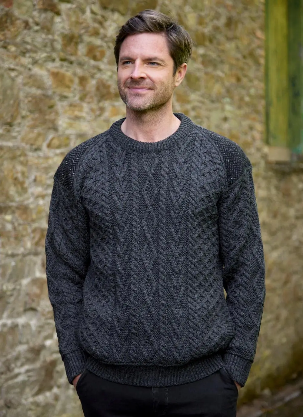 Tweed Patch Crew Neck Aran Sweater