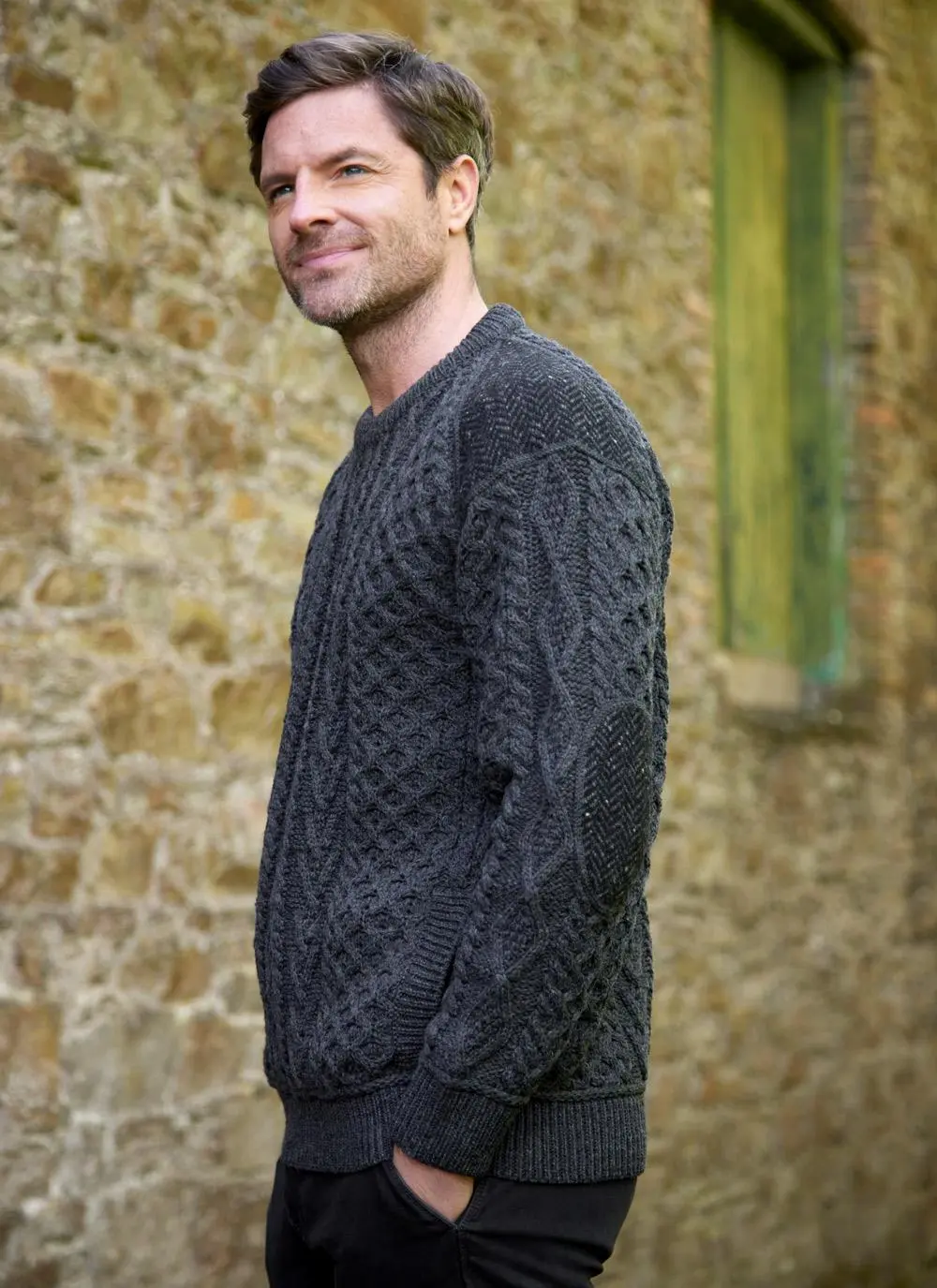 Tweed Patch Crew Neck Aran Sweater