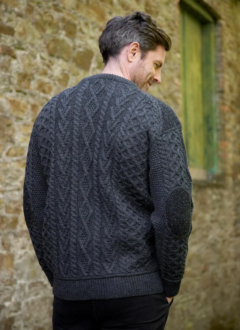 Tweed Patch Crew Neck Aran Sweater