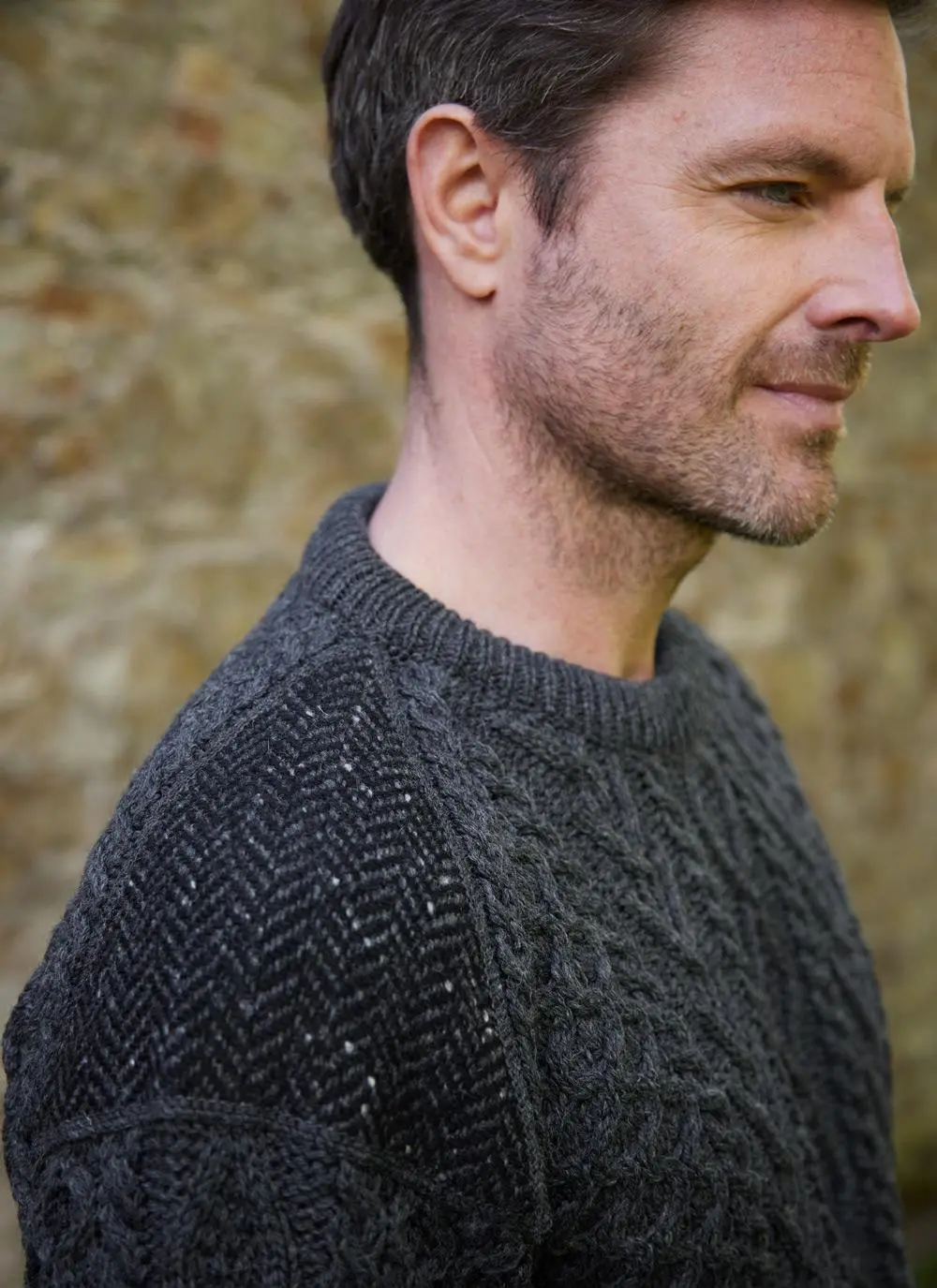 Tweed Patch Crew Neck Aran Sweater