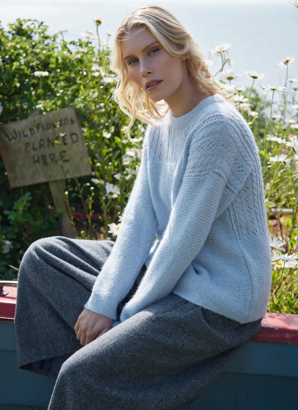 Fisherman Alpaca Eyelet Stitch Crew Neck Sweater