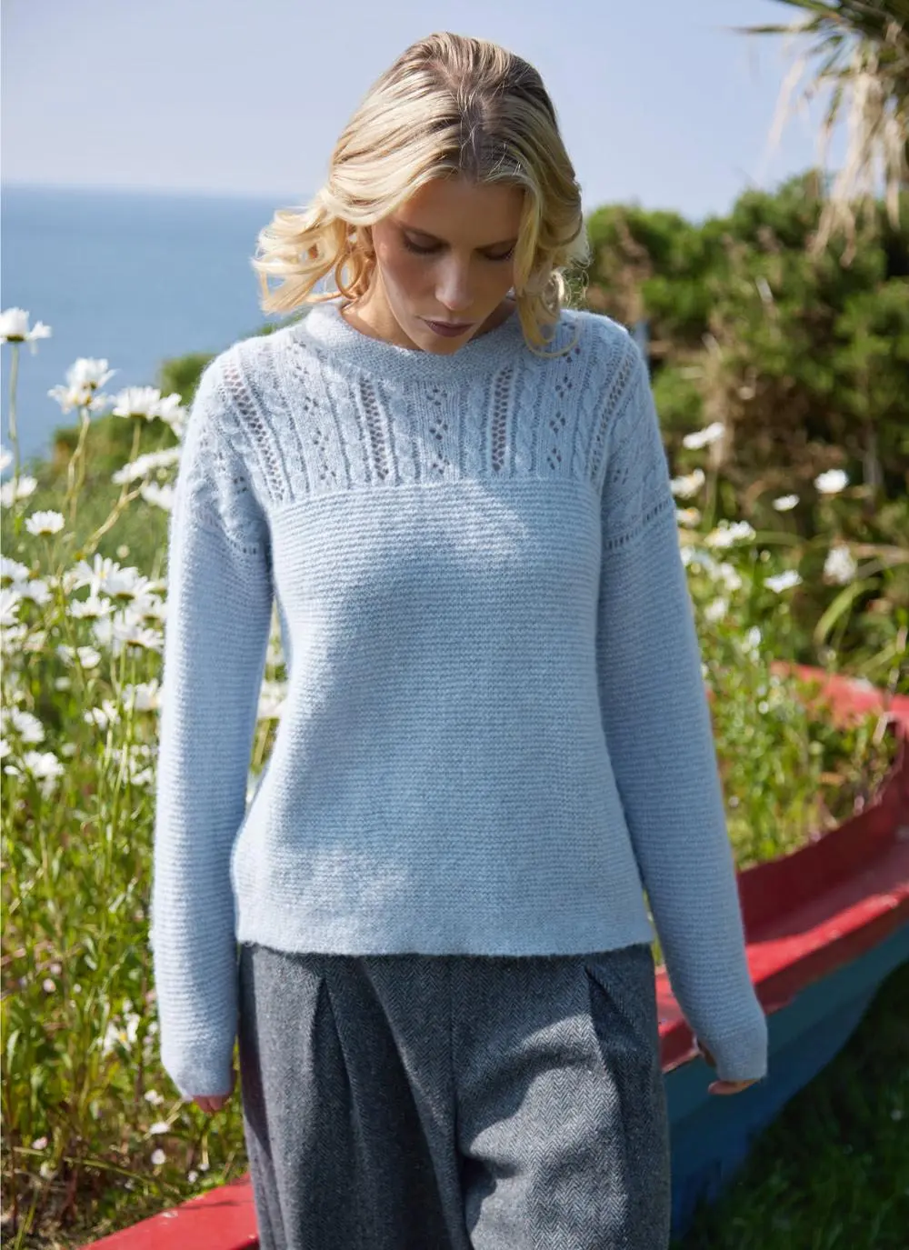 Fisherman Alpaca Eyelet Stitch Crew Neck Sweater