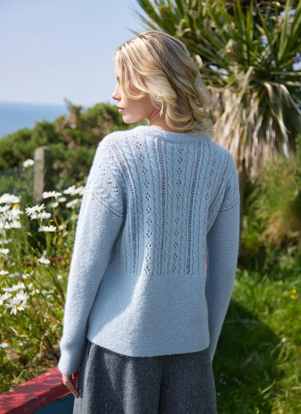 Fisherman Alpaca Eyelet Stitch Crew Neck Sweater
