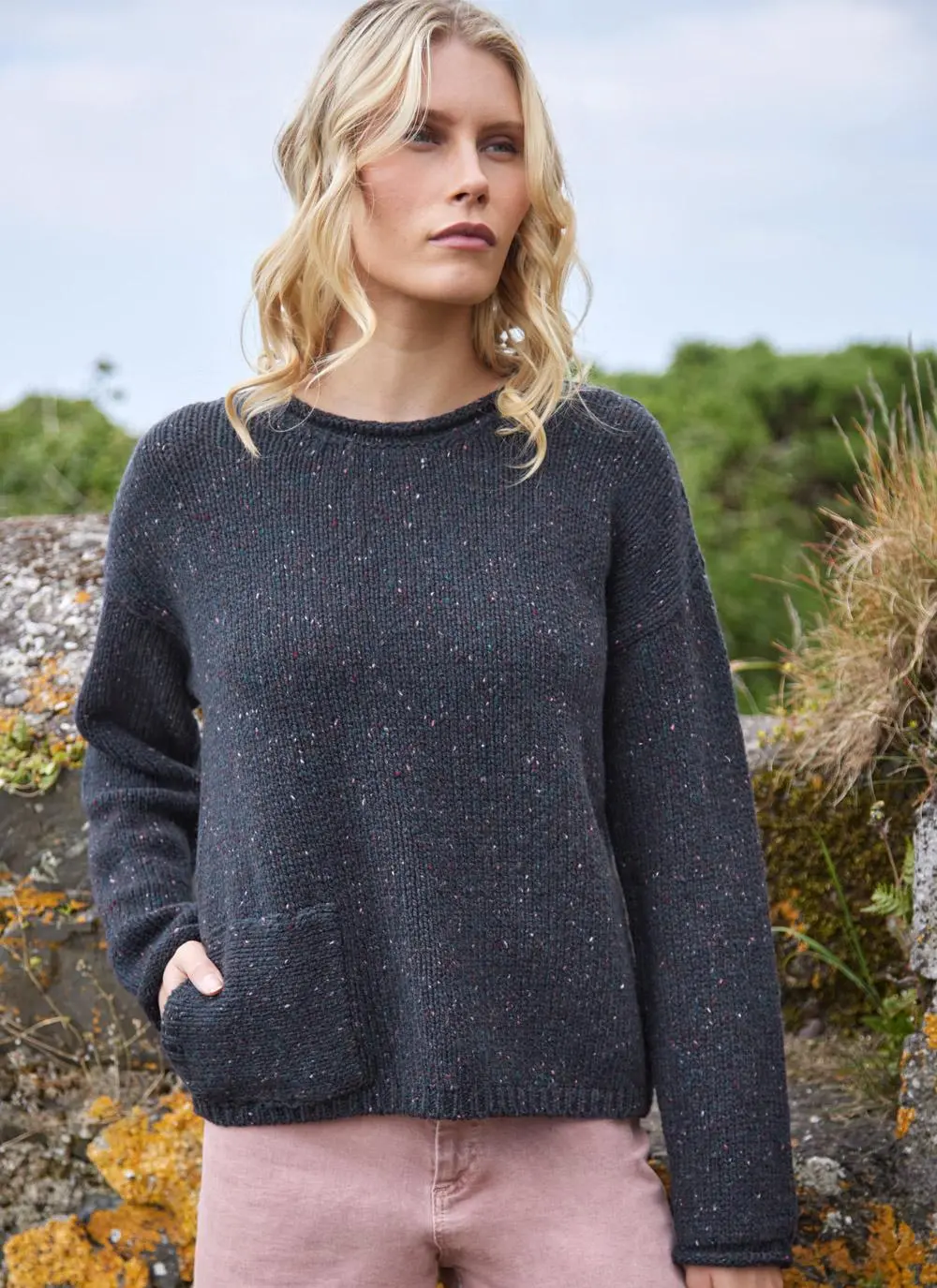 Fisherman Donegal Fleck Roll Neck Pocket Sweater