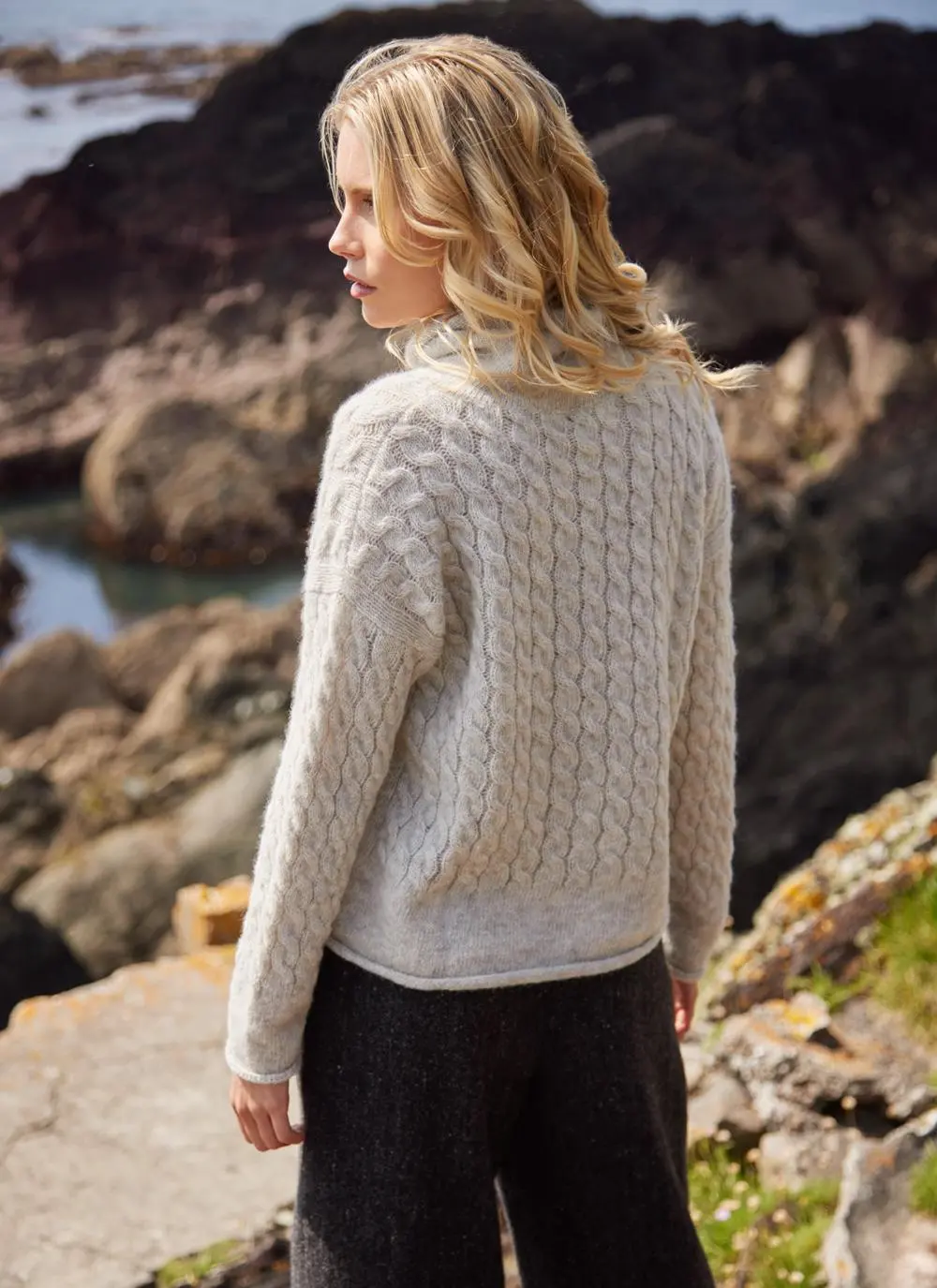 Alpaca Cabled Funnel Neck Sweater 