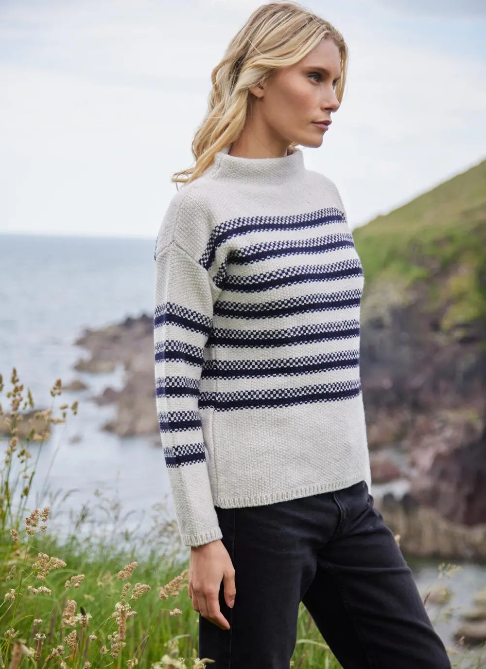 Fisherman Merino Mock Neck Sweater with Stripe