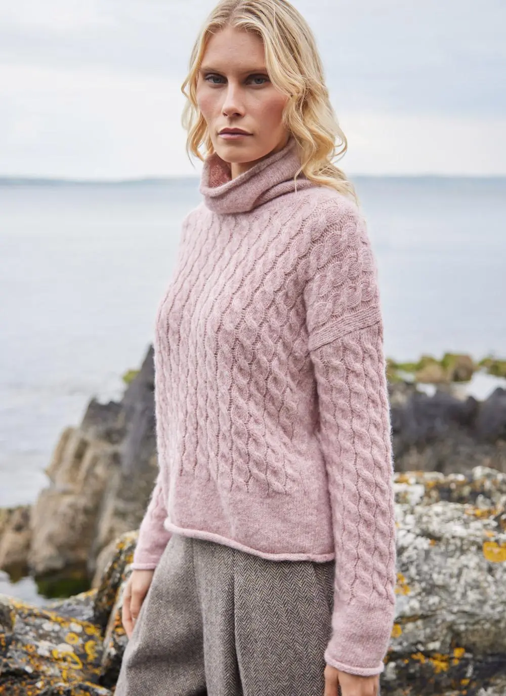Alpaca Cabled Funnel Neck Sweater 