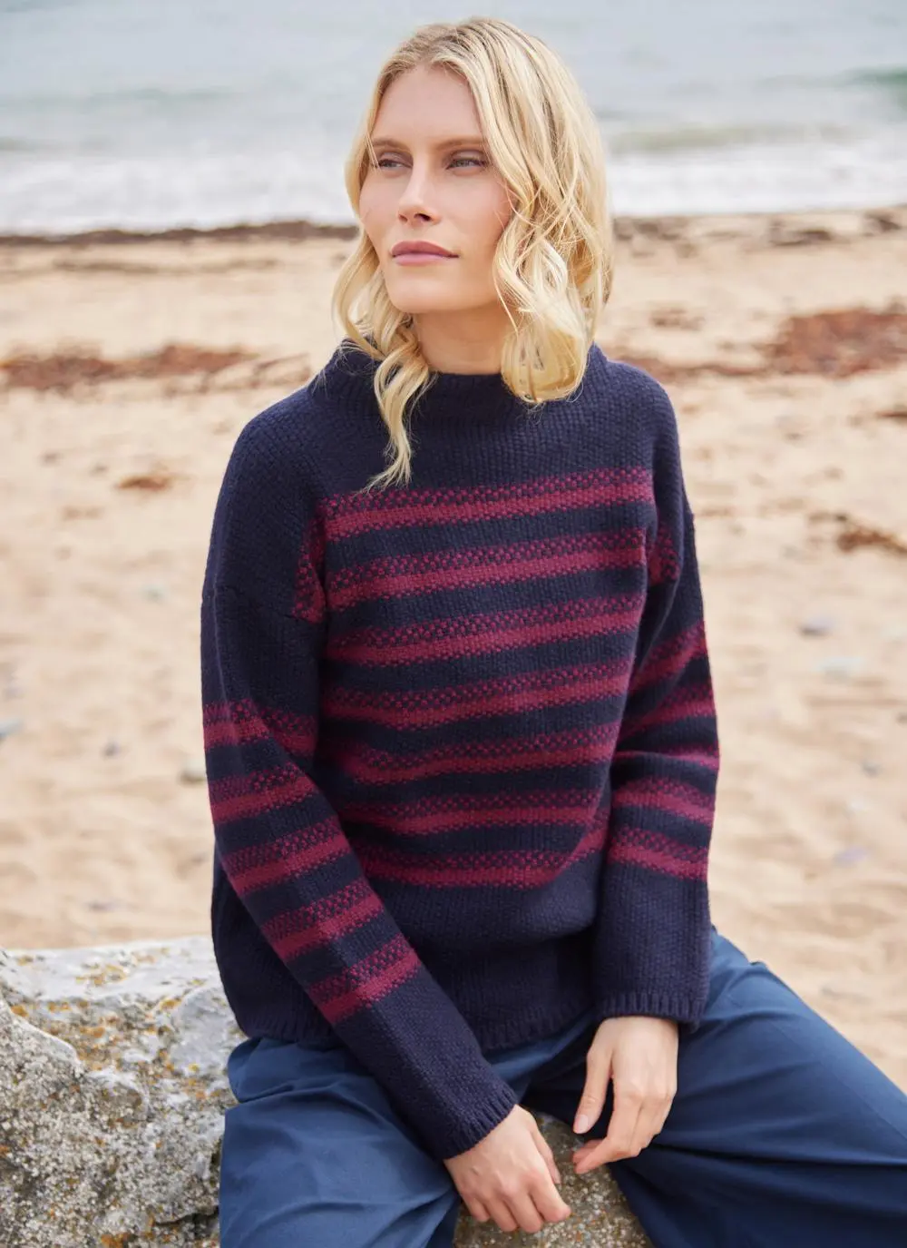 Fisherman Merino Mock Neck Sweater with Stripe