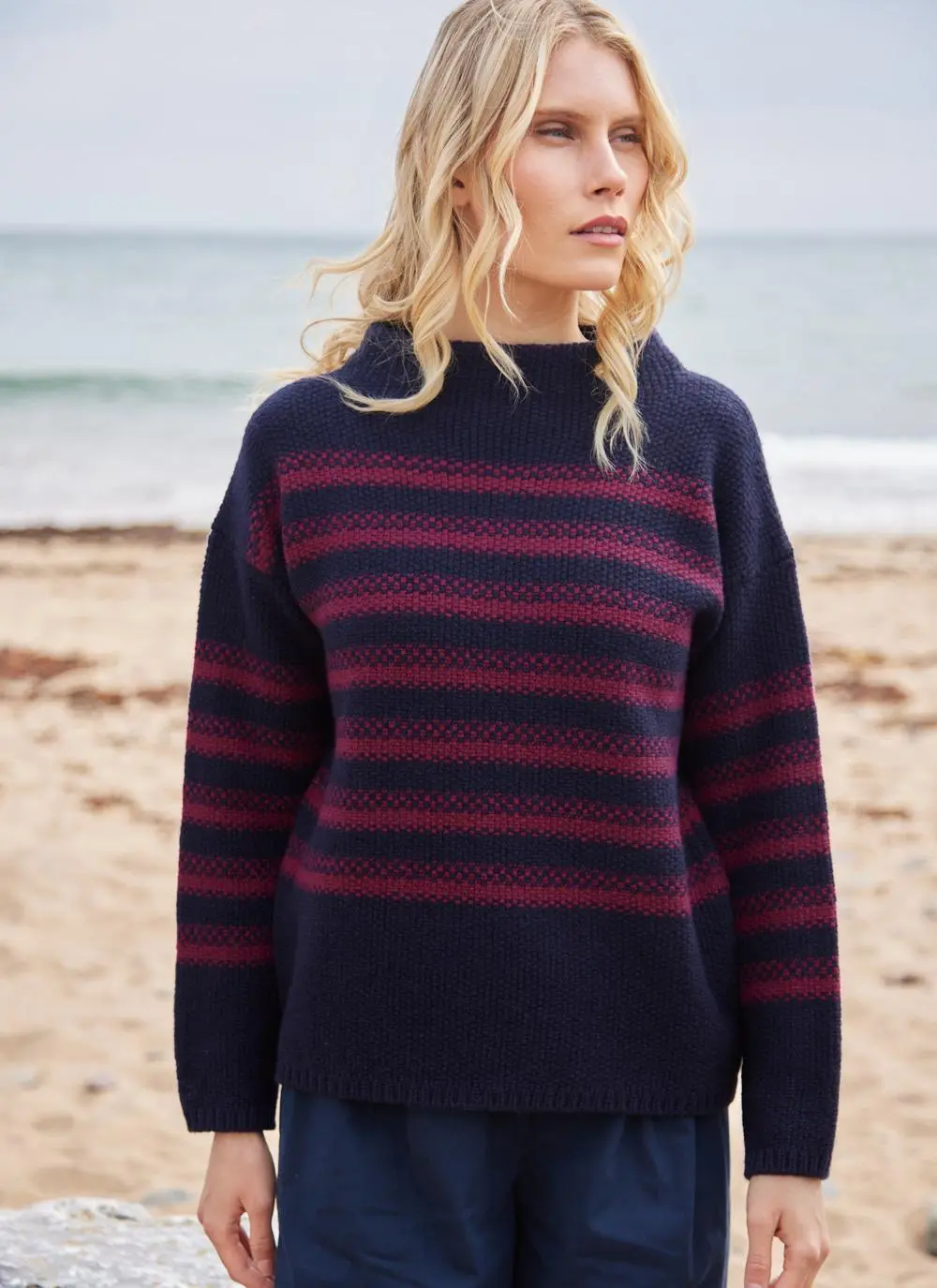Fisherman Merino Mock Neck Sweater with Stripe