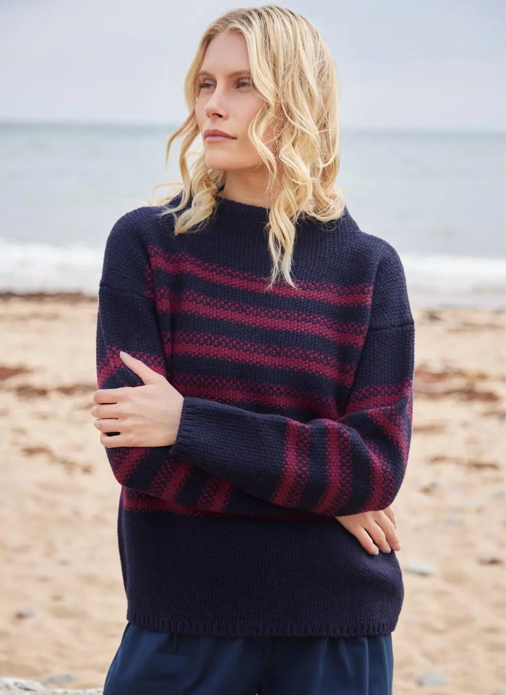 Fisherman Merino Mock Neck Sweater with Stripe