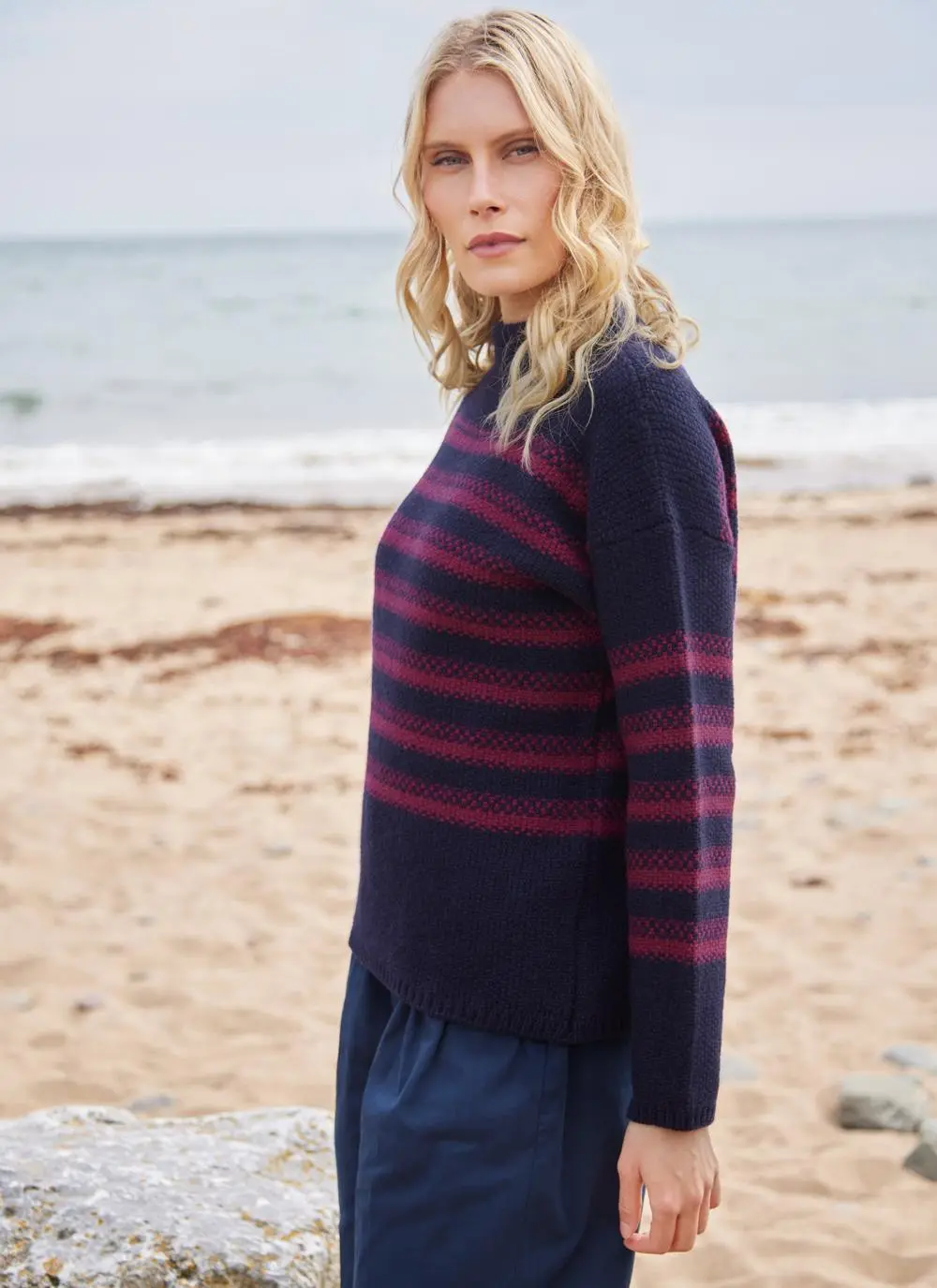 Fisherman Merino Mock Neck Sweater with Stripe