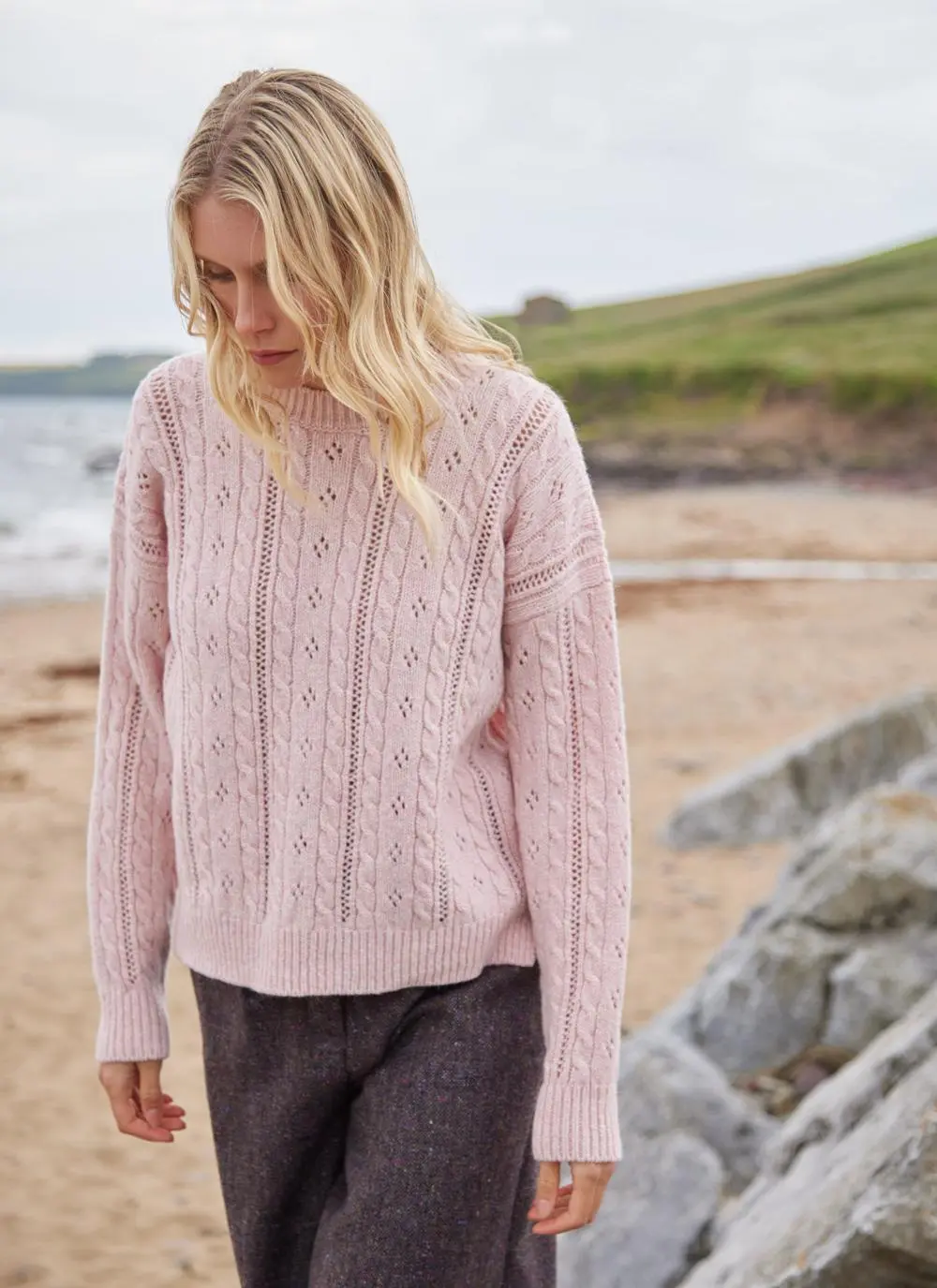 Fisherman Wool Cashmere Eyelet Cable Crew Sweater