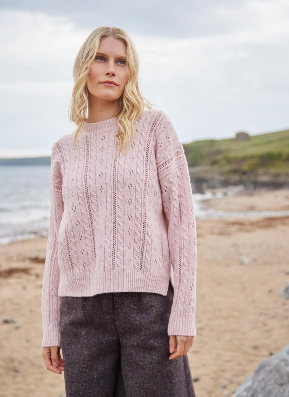 Fisherman Wool Cashmere Eyelet Cable Crew Sweater