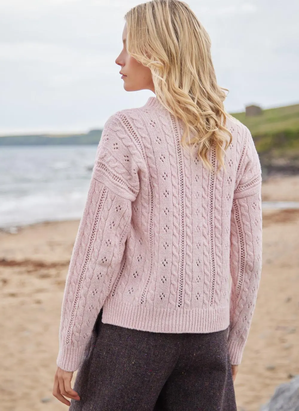 Fisherman Wool Cashmere Eyelet Cable Crew Sweater