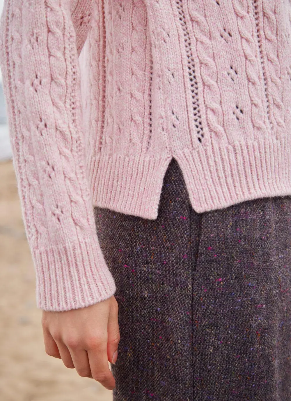 Fisherman Wool Cashmere Eyelet Cable Crew Sweater