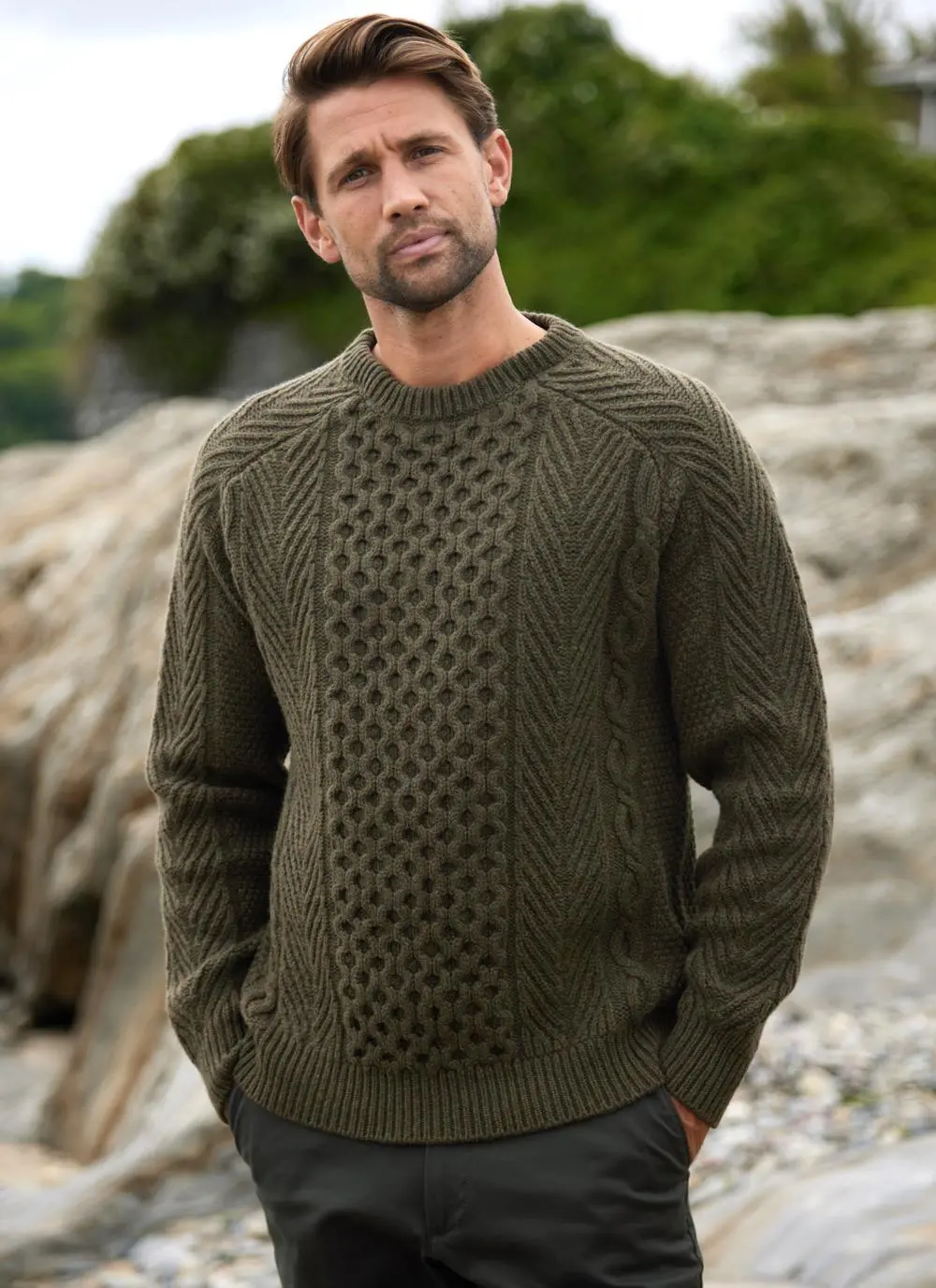 Fisherman Lambswool Aran Crew Neck Sweater