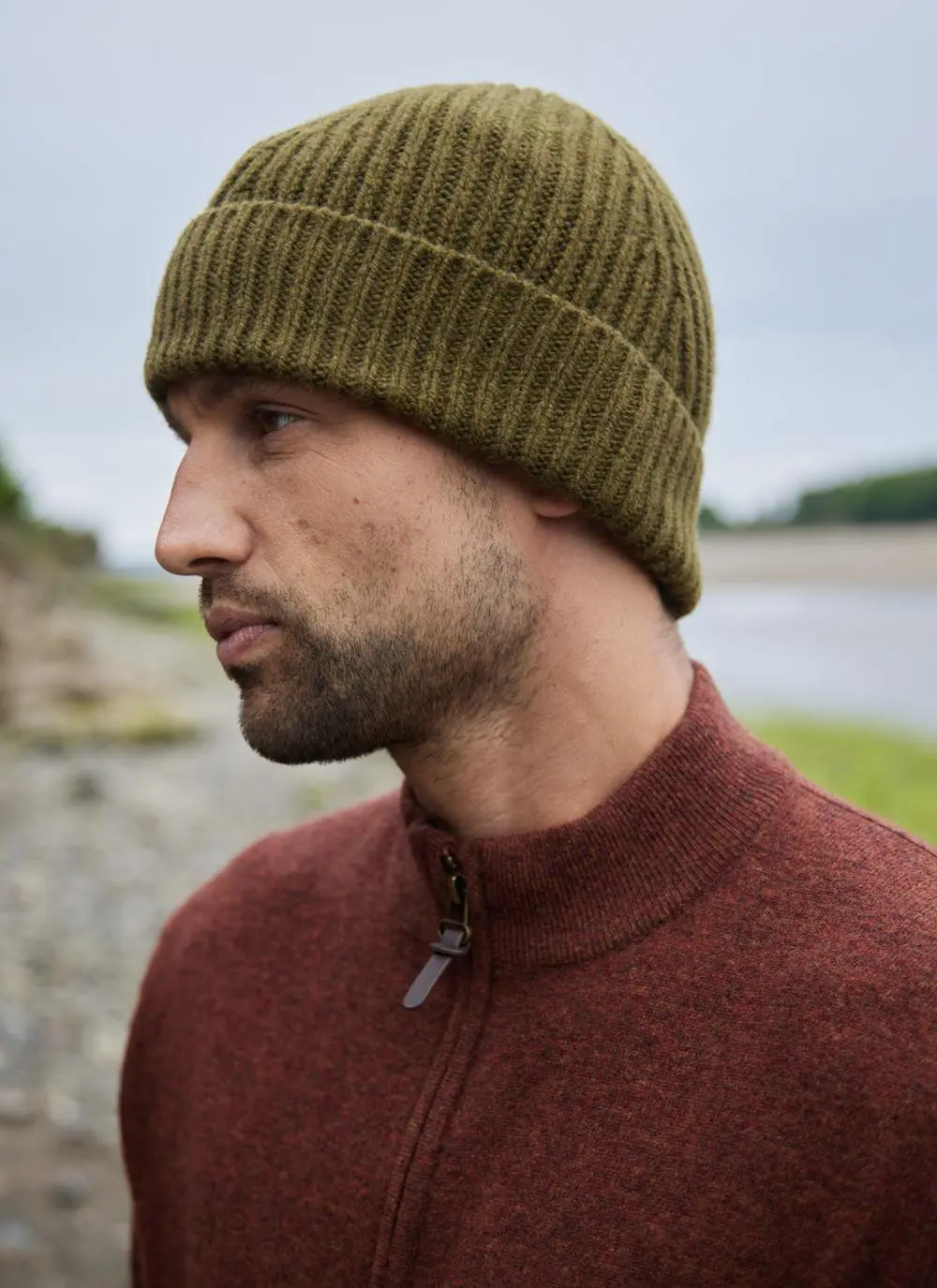 Fisherman Wool Cashmere Ribbed Herringbone Beanie