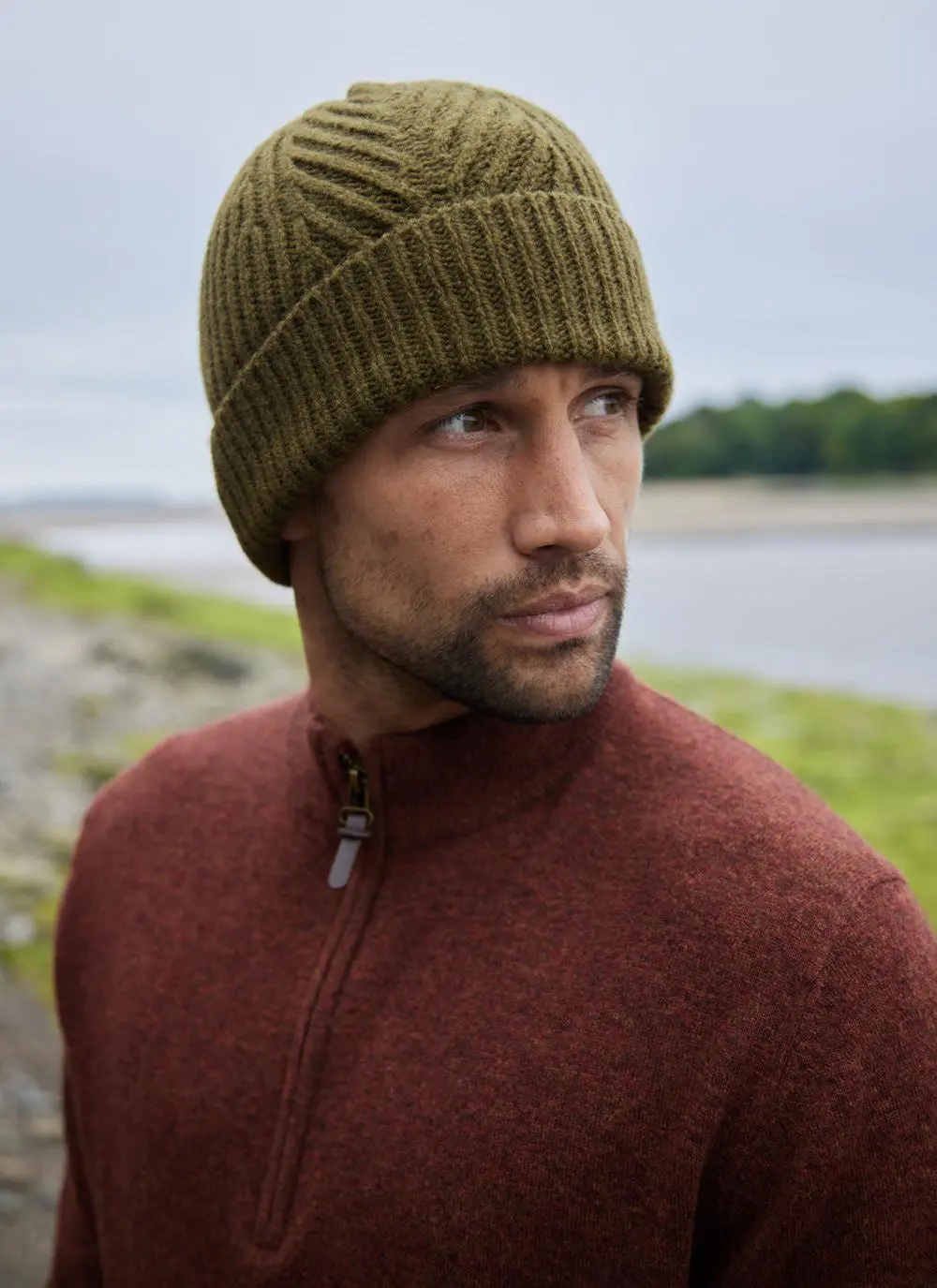 Fisherman Wool Cashmere Ribbed Herringbone Beanie
