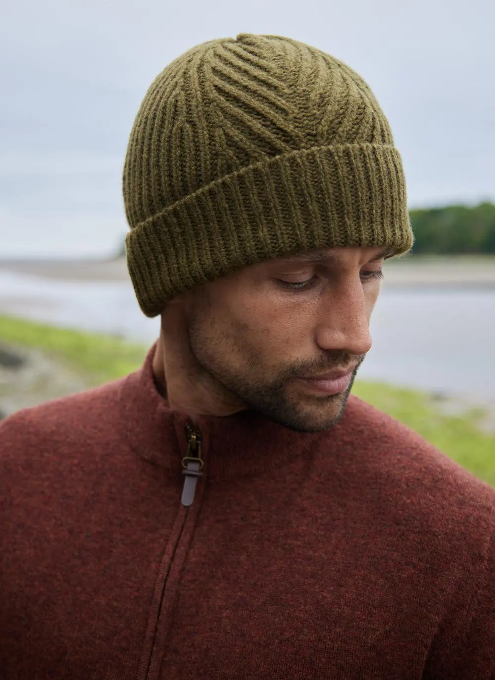 Fisherman Wool Cashmere Ribbed Herringbone Beanie