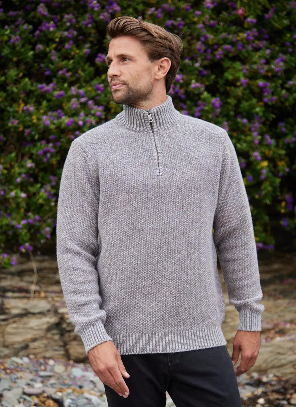 Lambswool Seed Stitch Zip Neck Sweater